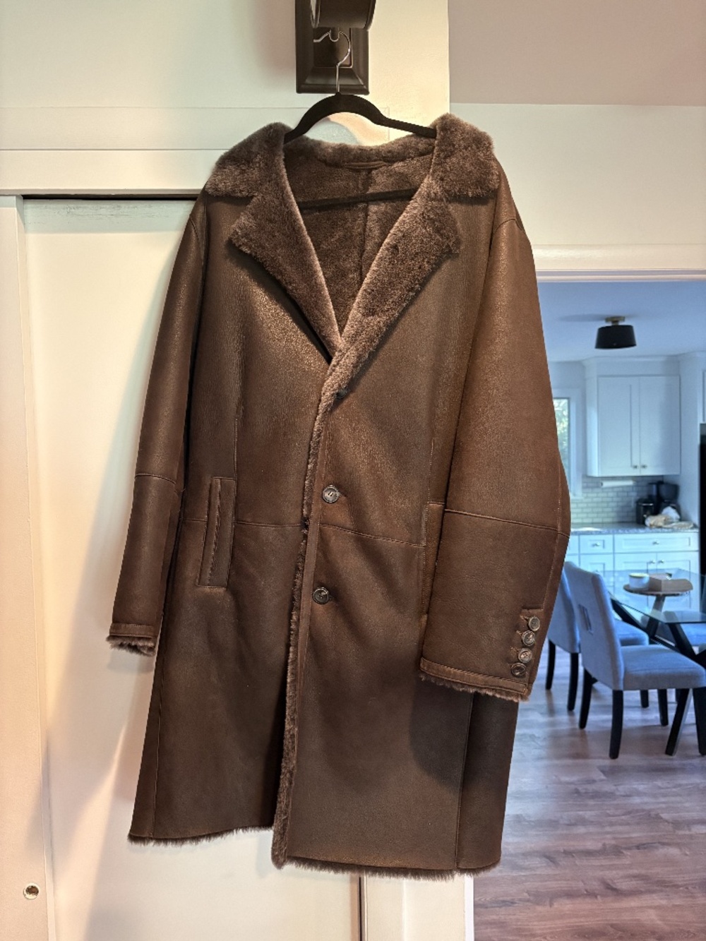 Joseph Abboud Genuine Shearling Coat Brown Long Overcoat Sz XL
